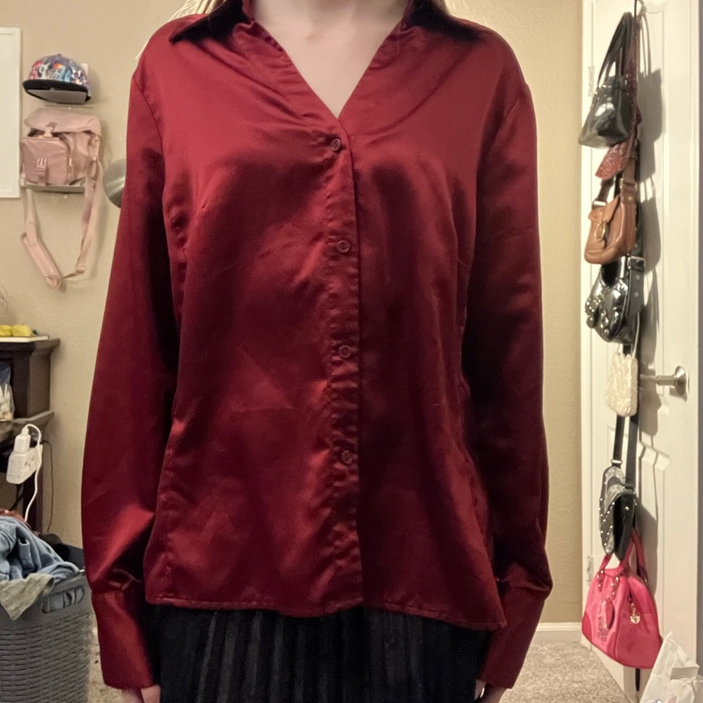 east 5th maroon burgundy red button up silk blouse